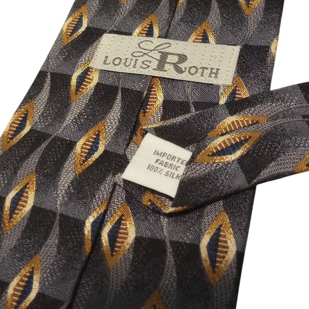 Louis Roth Mens Silk Tie Grey Blue Gold Geometric Diamond Pattern Woven‎ Classic